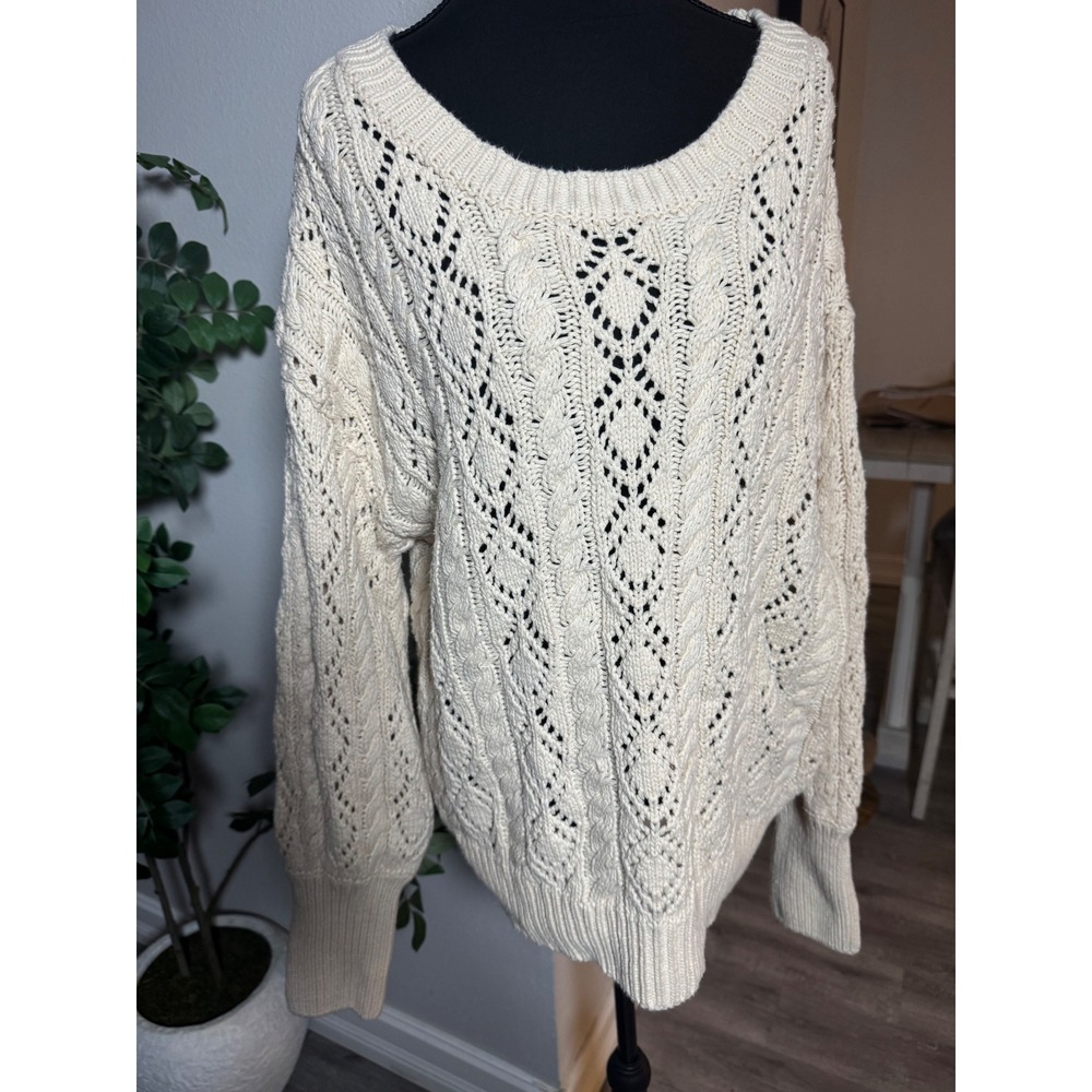 Ces Femme Cream Cable Knit Pointelle Sweater Womens L scoop Neck Cotton Blend